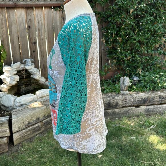 Southern Grace Happy Camper Lace Sleeved Shirt Teal Green/Gray Burnout Large - Picture 7 of 13